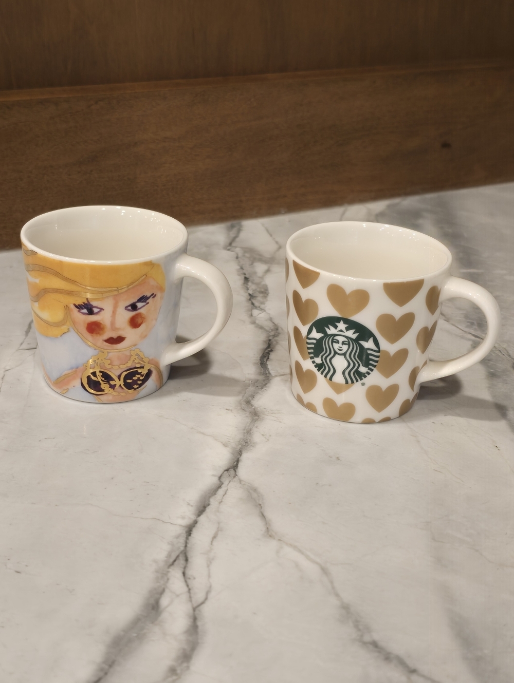 Starbucks Mermaid Siren and Gold Hearts Demitasse Espresso Mugs Coffee Cups 3 oz